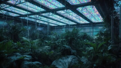 Lush interior greenhouse with iridescent ceiling