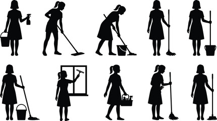 Obraz premium Silhouettes of female cleaning staff performing various tasks—mopping, sweeping, and window washing—illustrating domestic service, housekeeping, and professional cleaning.