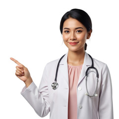 Smiling Female Doctor Pointing to Side and Presenting Copy Space