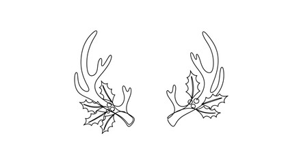 Minimalist Christmas antlers and holly leaves design in black and white line drawing suitable for