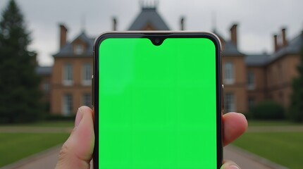 Commercial Display Mockup: Green Screen Display in Front of Mansion