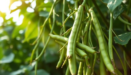 Fototapeta premium Fresh green beans tumbling from height, vibrant color, natural light, abundance, vitamin