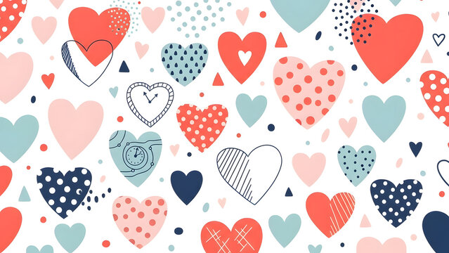 Seamless pattern of colorful hand drawn hearts and abstract shapes