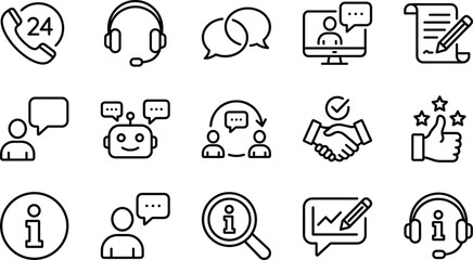 Customer Support, Service, and Communication Line Icon Set, Call Center, Feedback, Chatbot, Agreement, Information, and Online Assistance Outline Symbols Vector
