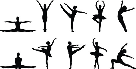 Silhouettes of Female Dancers and Ballerinas in Various Elegant and Flexible Poses, Performing Ballet, Splits, and Stretches, Isolated Vector Collection