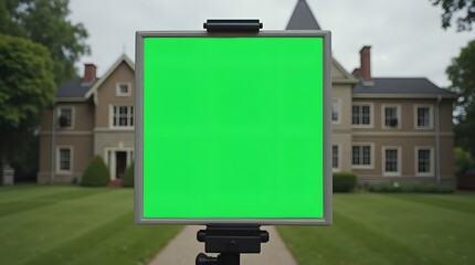 Commercial Display Mockup: Green Screen Display in Front of Mansion