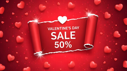 Valentine s day sale 50 percent off red scroll with hearts background