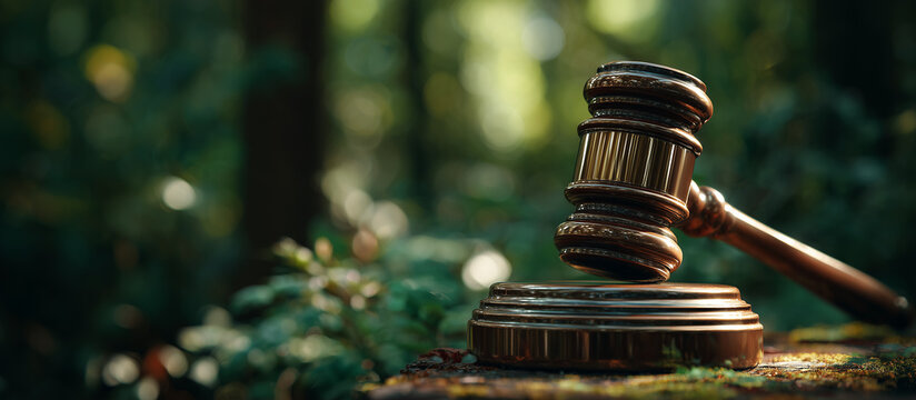 permission, justice symbol with gavel in forest - Powered by Adobe