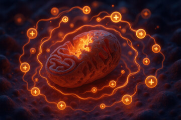 Oxidative stress inside cell environment shows damaged organelle under attack. Glowing reactive ions create molecular hazard, cutting edge biology concept visualization