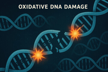 Oxidative DNA damage conceptual illustration showing broken glowing strand. double helix showing genetic stress and cellular decay from free radical attack on blue background