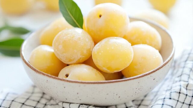 Golden Plums: A close-up shot of a small, rustic bowl filled to the brim with sun-kissed, yellow plums, a testament to nature's bounty and culinary delight. 