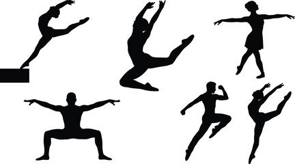Silhouettes of Gymnastics and Dance Performers in Dynamic Action Poses, Athletes Leaping, Stretching, and Balancing, Isolated Black Vector on White