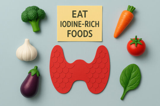 Thyroid health and nutritional awareness concept with paper cut model and food. message about an iodine rich diet for well being and healthy lifestyle encouragement