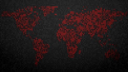 World Map Binary Code red pixels global digital network loop 3D illustration for cybersecurity threat reports, international data breaches, and worldwide tech news backgrounds
