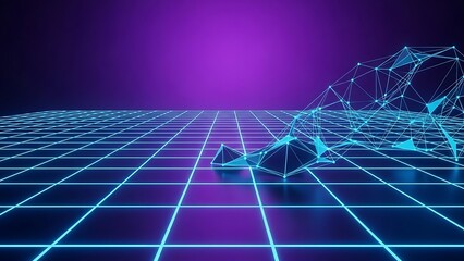 Futuristic Grid Landscape with Abstract Polygonal Structures and Neon Lights.