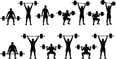 Silhouettes of male weightlifters performing deadlifts, squats, and overhead lifts with barbells, illustrating strength training, fitness, and intense exercise.
