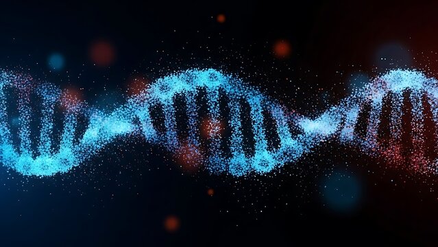 Futuristic glowing blue digital DNA helix structure on a dark background.