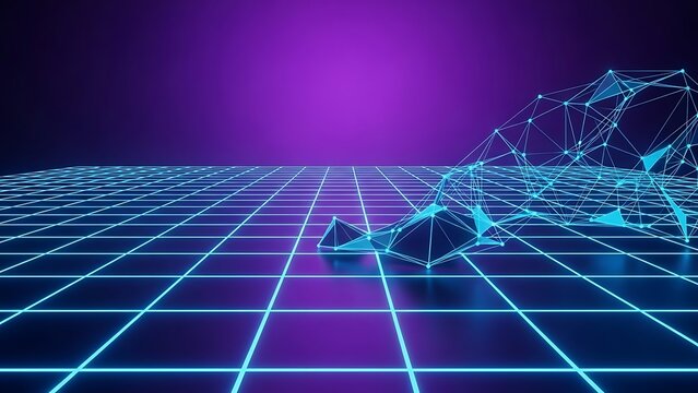 Futuristic Grid Landscape with Abstract Polygonal Structures and Neon Lights.
