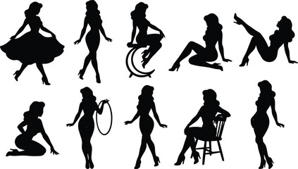 Silhouettes of pin-up girls and burlesque dancers in various seductive and playful poses, illustrating vintage fashion, retro style, entertainment, and glamour aesthetics.