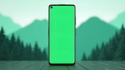Commercial Display Mockup: Green Screen Phone with Mountain Theme