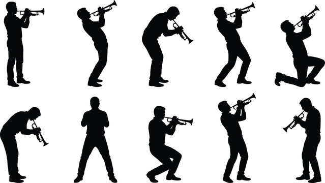 Silhouettes of male musicians passionately playing trumpets in various expressive standing and kneeling poses, illustrating music, performance, jazz, and classical concert.