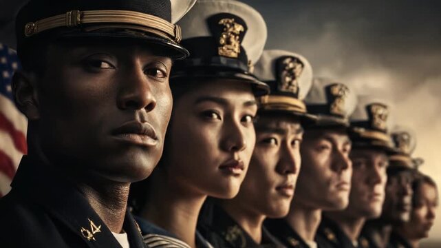 Patriotic Devotion: A solemn group of service members stands together, their faces etched with determination and resolve, as they proudly represent their nation.