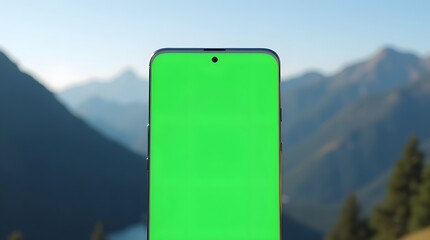 Commercial Display Mockup: Green Screen Phone with Mountain Theme
