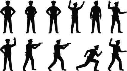 Silhouettes of police officers in various poses—standing, directing traffic, running, and drawing a gun—illustrating law enforcement, security, and authority figures.