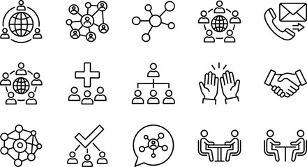 Line Art Icons Set of Global Communication, Teamwork, Social Network, Business Collaboration, and Partnership Elements Including Handshake and Meetings