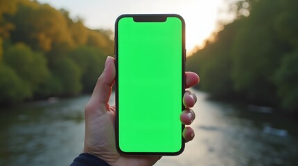 Commercial Display Mockup: Green Screen Phone with River Background