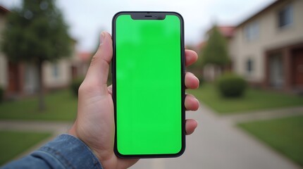 Commercial Display Mockup: Green Screen Phone with Residence Background
