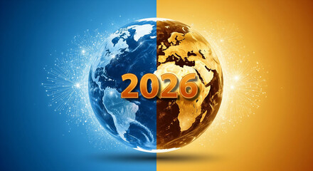 3D model of globe in orange and blue colors with fireworks around planet. Concept of welcome to New Year 2026.