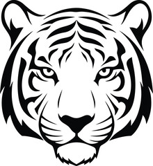 Obraz premium Black and white tribal tattoo style illustration of a fierce tiger head facing forward, isolated on white background