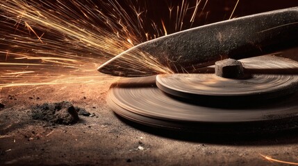 abrasive. Close-up of a grinding wheel sharpening an old knife with flying sparks in an industrial workshop. safety posters.