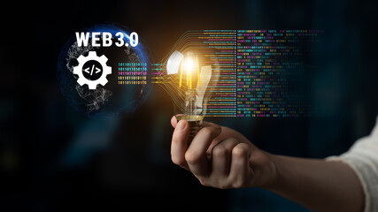 The concept of Web 3.0 development and decentralized data processing. The flow of binary code and information in the next generation internet. Motif