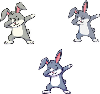 Cute dabbing bunny cartoons, funny rabbit dance pose illustrations, adorable character set for kids, Easter designs, playful animal artwork collection
