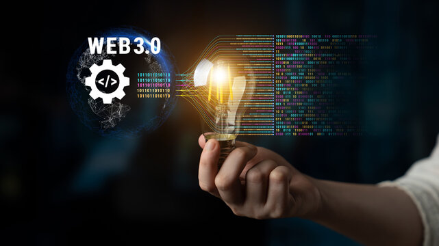 The concept of Web 3.0 development and decentralized data processing. The flow of binary code and information in the next generation internet. Motif