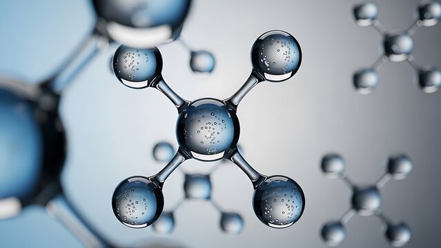 Glassy molecular structure model on a light blue scientific background.