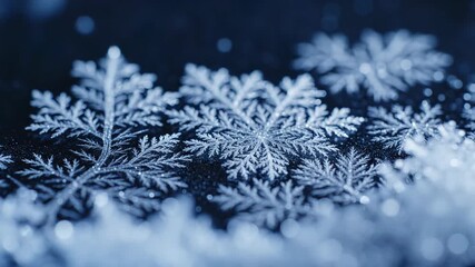 Macro shot of detailed ice crystal snowflake structure on a dark, frosty surface with blue light and bokeh - Powered by Adobe