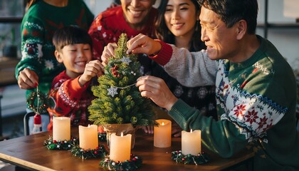 Joyful Multi Generational Family Decorating Miniature Holiday Tree Together Indoors