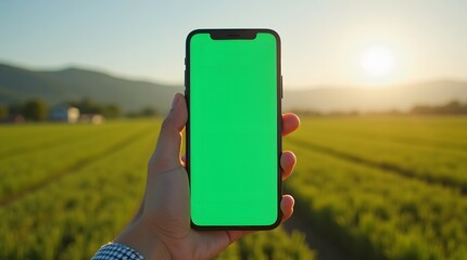 Commercial Display Mockup: Green Screen Phone with Farm Environment