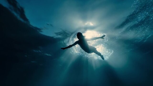 Submerged in Serenity: A solitary figure, silhouetted against the radiant sunlight piercing the depths, drifts effortlessly underwater, embracing the quietude of the ocean's embrace.