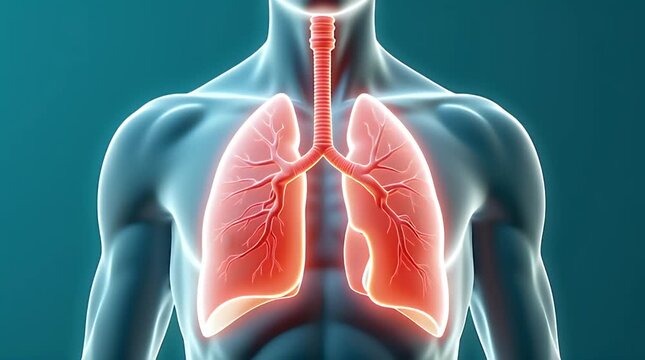 3D medical render of respiratory system inside transparent torso, glowing lungs, trachea, bronchi, detailed alveoli texture, clinical anatomy diagram, scientific visualization, soft teal lighting, cle