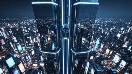 Futuristic cityscape at night with illuminated skyscrapers and transport pod ascending - Powered by Adobe