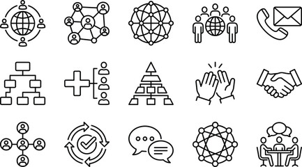 Teamwork, Communication, and Global Network Line Icons Set, Including Hierarchy, Partnership, Social Connection, Meeting, and Customer Service Concepts.