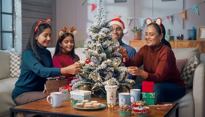 Joyful Family Decorating Seasonal Miniature Tree Indoors for Holiday Celebration