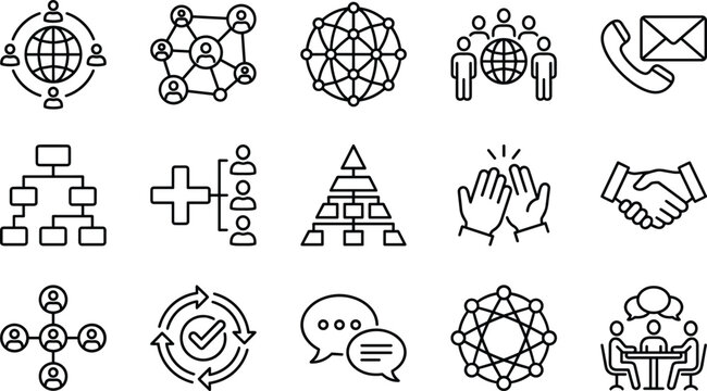 Teamwork, Communication, and Global Network Line Icons Set, Including Hierarchy, Partnership, Social Connection, Meeting, and Customer Service Concepts.