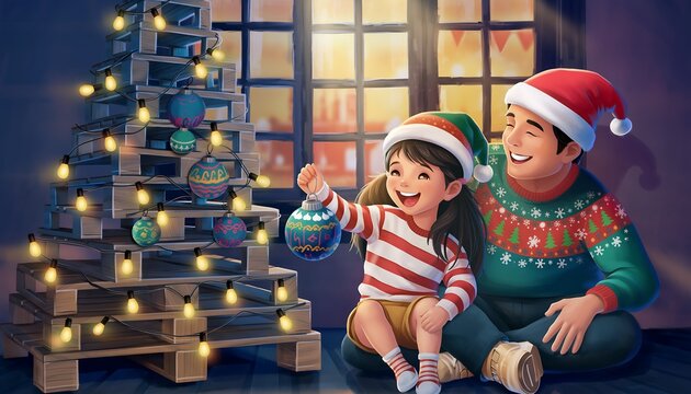 Father and Daughter Decorating Unique Upcycled Pallet Christmas Tree Indoors - Powered by Adobe