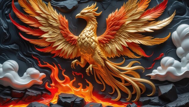 Ornate Golden Phoenix Wings Open on Fire Sculpture Art