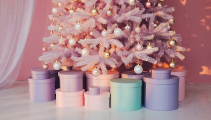 Soft Pink Holiday Tree with Pastel Gift Boxes Decoration